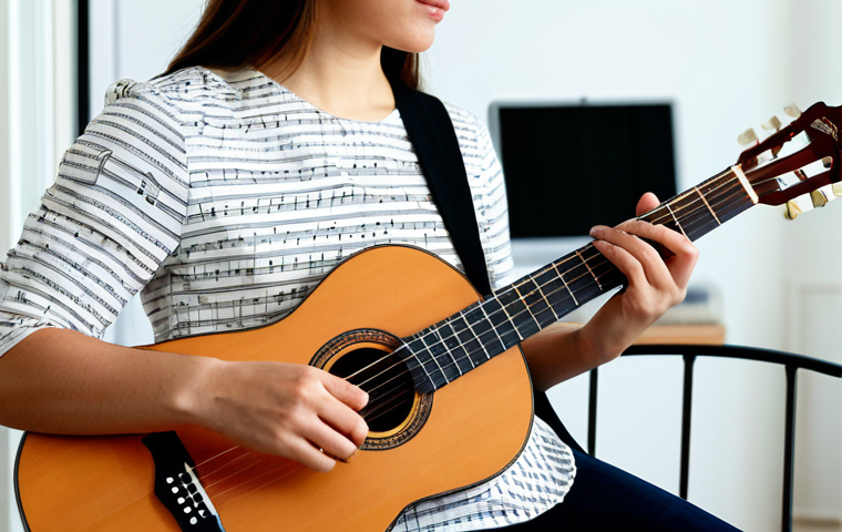A professional female guitarist, shown from the waist up, dressed in modest business casual attire. She is in a well-lit, clean home studio, attentively comparing a printed sheet of traditional musical notation and guitar tablature with a digital version displayed on a tablet. A classical guitar is visible in the background. Professional studio photography, soft natural light, high detail, perfect anatomy, correct proportions, well-formed hands, proper finger count, natural body proportions, natural pose, safe for work, appropriate content, fully clothed, professional.