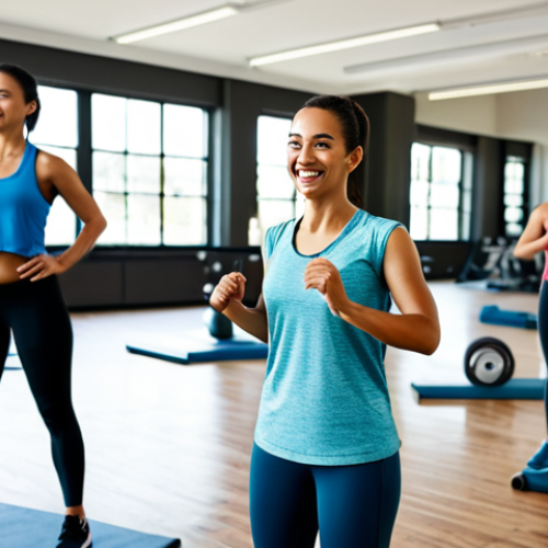 Home 8 **
A professional fitness instructor, fully clothed in modest athletic wear, leading a group exercise class in a bright, modern gym. Participants are engaged and smiling. Focus on proper form and technique. Safe for work, appropriate content, perfect anatomy, correct proportions, family-friendly, professional photography, high quality.
**