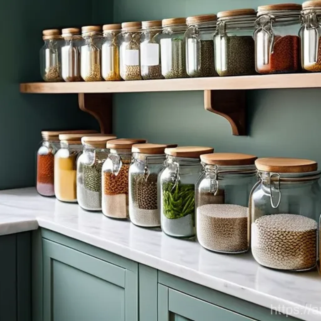 기타 보관법 - **Prompt:** A pristine, modern kitchen with warm, natural light streaming through a window. The focu...