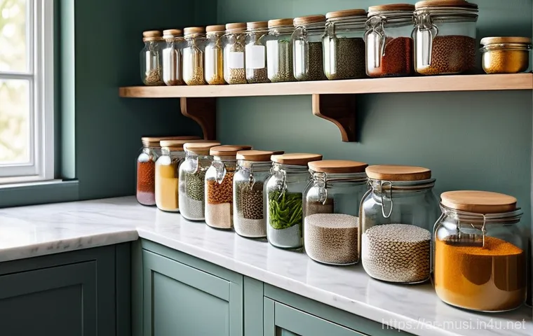 기타 보관법 - **Prompt:** A pristine, modern kitchen with warm, natural light streaming through a window. The focu...