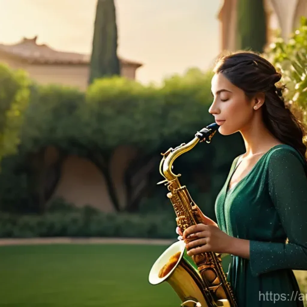 색소폰 부품 교체법 - A serene outdoor scene featuring an elegantly dressed young woman, approximately 20-25 years old, wi...