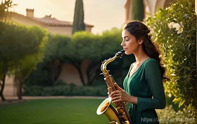 색소폰 부품 교체법 - A serene outdoor scene featuring an elegantly dressed young woman, approximately 20-25 years old, wi...