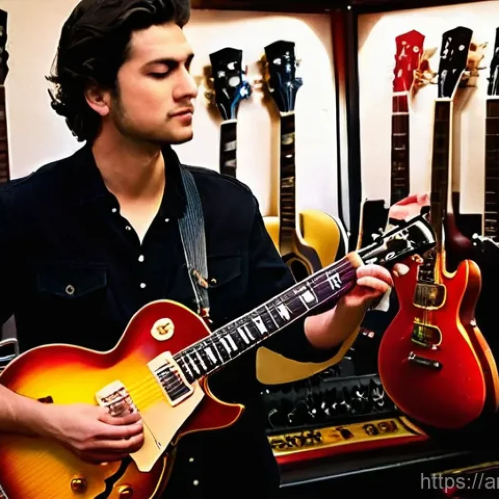 기타 합주 시 고려 사항 - **Prompt:** A discerning male guitarist, in his late 20s, with a stylish yet casual appearance, stan...