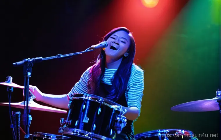 기타 합주 시 고려 사항 - **Prompt:** A focused female guitarist, in her early 30s, is captured mid-performance on a sleek, fu...