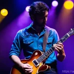 기타 명장 추천 - A male guitarist, in his late 30s, stands on a vibrant stage, dressed in a tasteful vintage-style ba...