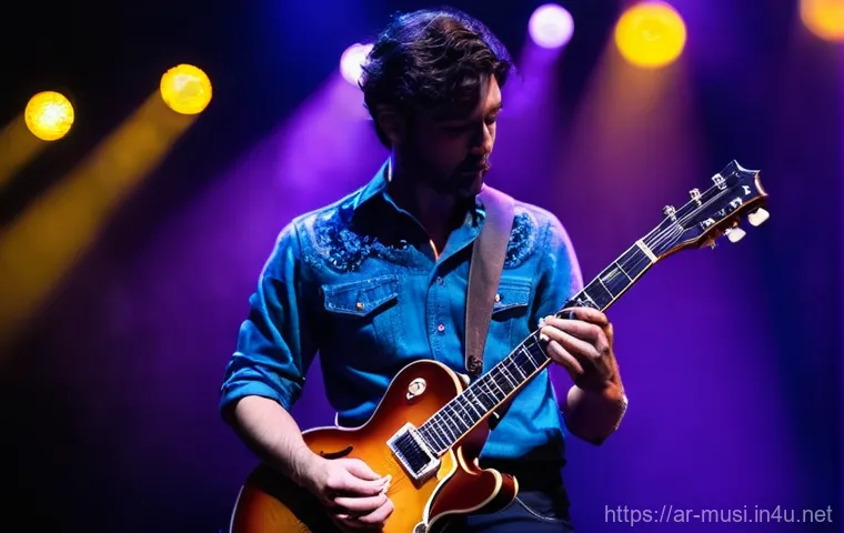 기타 명장 추천 - A male guitarist, in his late 30s, stands on a vibrant stage, dressed in a tasteful vintage-style ba...