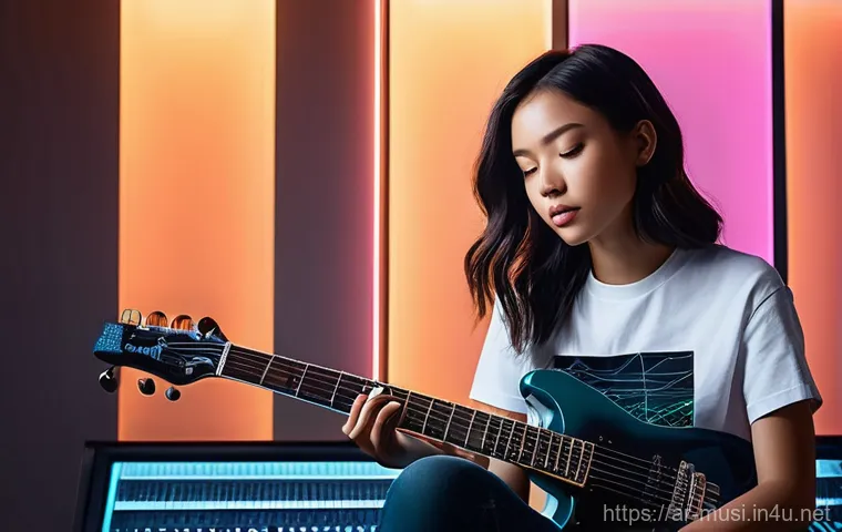 기타 명장 추천 - A male guitarist, in his late 30s, stands on a vibrant stage, dressed in a tasteful vintage-style ba...