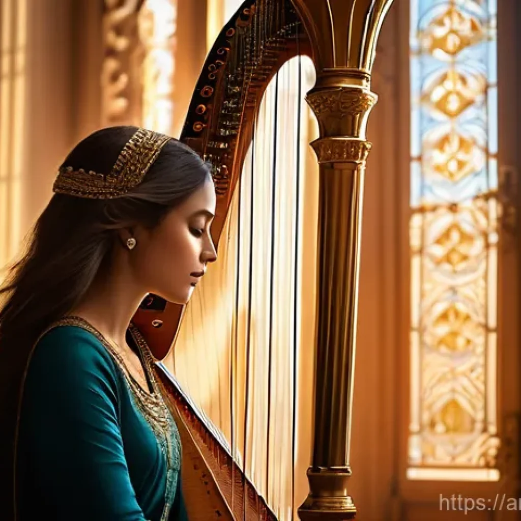 하프와 기타의 차이 - **Prompt:** A majestic scene featuring a female harpist, elegantly dressed in flowing, modest attire...