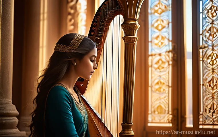 하프와 기타의 차이 - **Prompt:** A majestic scene featuring a female harpist, elegantly dressed in flowing, modest attire...