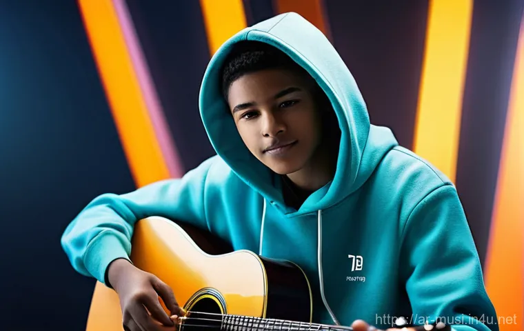 기타와 뮤지션 인터뷰 - **Prompt 2: Passionate Performance, Unwavering Focus**
    A dynamic, medium shot of a female guitar...