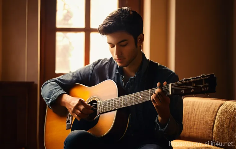 기타 음정 조율 이론 - **A Moment of Musical Revelation:** A male musician in his late 20s, with a contemplative expression...