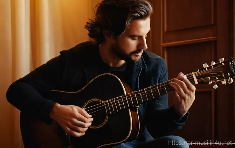 기타 음정 조율 이론 - **The Art and Science of Tuning:** A close-up, highly detailed shot focusing on the hands of a music...