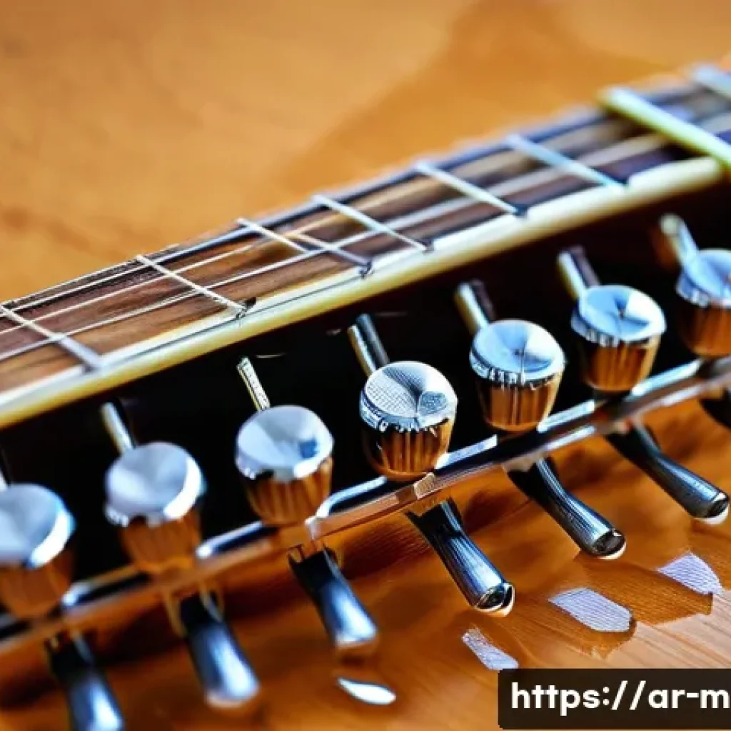 기타 튜닝 머신 종류 - A detailed close-up image of a traditional mechanical guitar tuner made of polished metal, mounted o...
