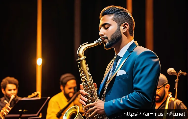 색소폰 명장 추천 - A contemporary Arab musician passionately playing an alto saxophone on a warmly lit stage during a l...