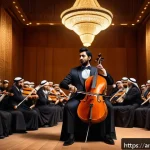 첼로와 더블베이스 차이 - A detailed, elegant orchestral scene set in a grand concert hall with Arabic architectural motifs, f...