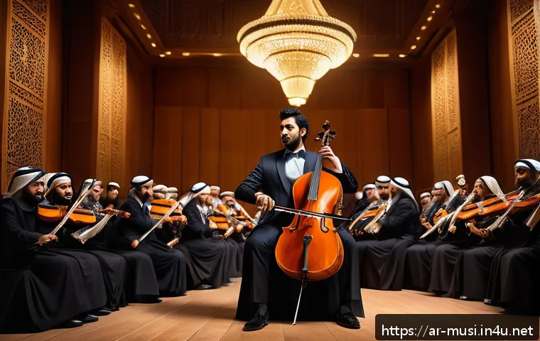 첼로와 더블베이스 차이 - A detailed, elegant orchestral scene set in a grand concert hall with Arabic architectural motifs, f...