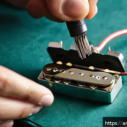 기타 픽업 설치 방법 - A detailed close-up image of a professional guitarist&rsquo;s hands carefully soldering wires to a new hum...