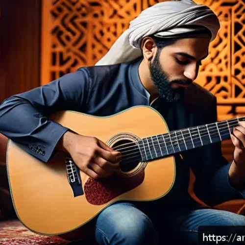 기타를 활용한 작곡 팁 - A warm, inviting scene of a skilled Middle Eastern guitarist playing an acoustic guitar in a cozy, t...