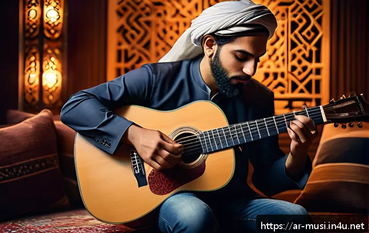 기타를 활용한 작곡 팁 - A warm, inviting scene of a skilled Middle Eastern guitarist playing an acoustic guitar in a cozy, t...
