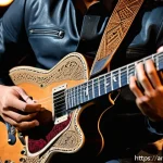 기타 스트랩 선택 가이드 - A professional male guitarist performing on stage during a live concert in Riyadh, wearing a classic...