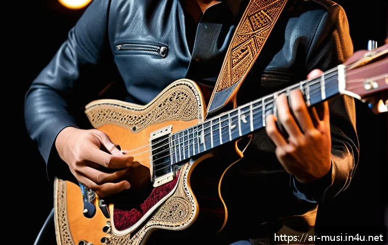 기타 스트랩 선택 가이드 - A professional male guitarist performing on stage during a live concert in Riyadh, wearing a classic...