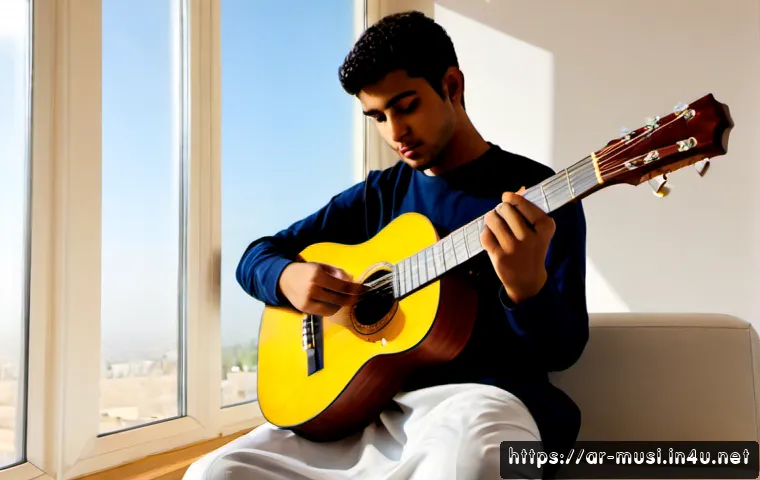 기타 연습 효과 높이는 법 - Photorealistic scene of a young Arab man practicing acoustic guitar with focused posture in a bright...