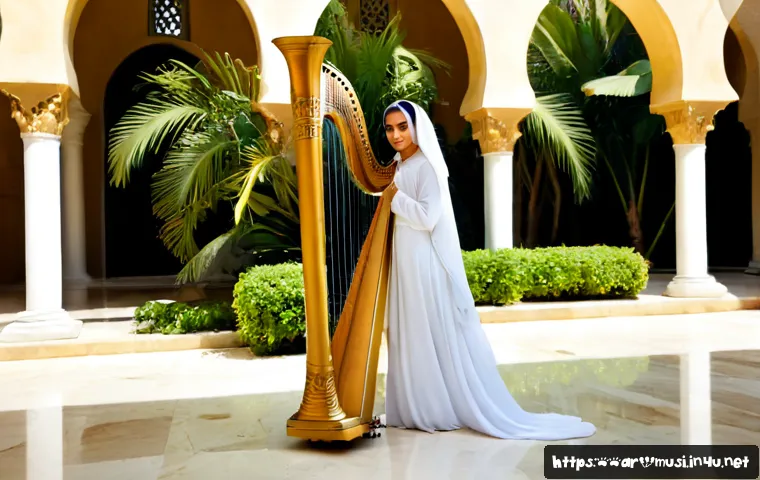 Home 30 하프 명곡 모음 - Photorealistic elegant Arab woman in modest flowing attire playing a golden concert harp in a sunlit...
