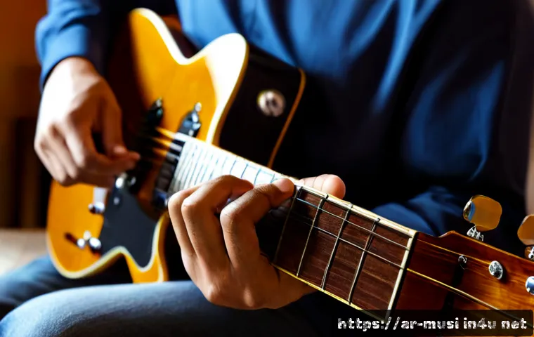 Home 17 전기 기타 연주법 - Photorealistic close-up of an Arab guitarist seated in a warm home studio, hands clearly demonstrati...