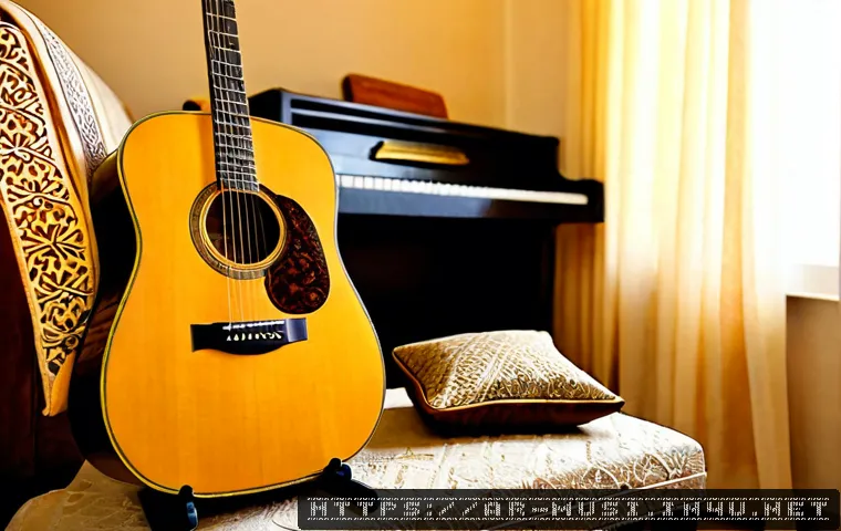 기타와 피아노 비교 - Photorealistic side-by-side comparison of an acoustic guitar on a stand and an upright piano in a wa...