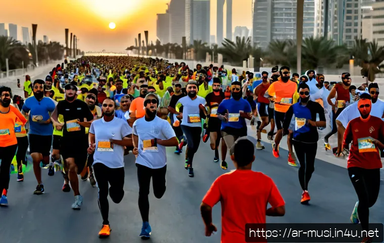 하프 관련 행사 - Photorealistic half marathon community event at sunrise in a modern Gulf city, diverse Arab runners ...